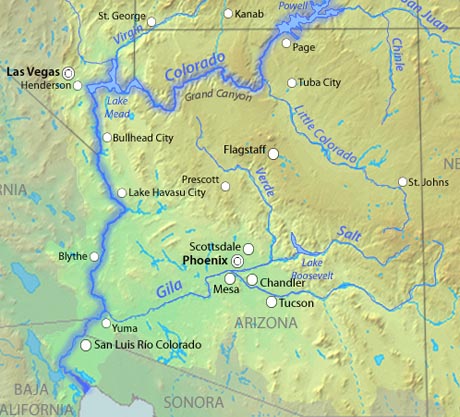 Map of Lower Colorado River Towns and Lakes